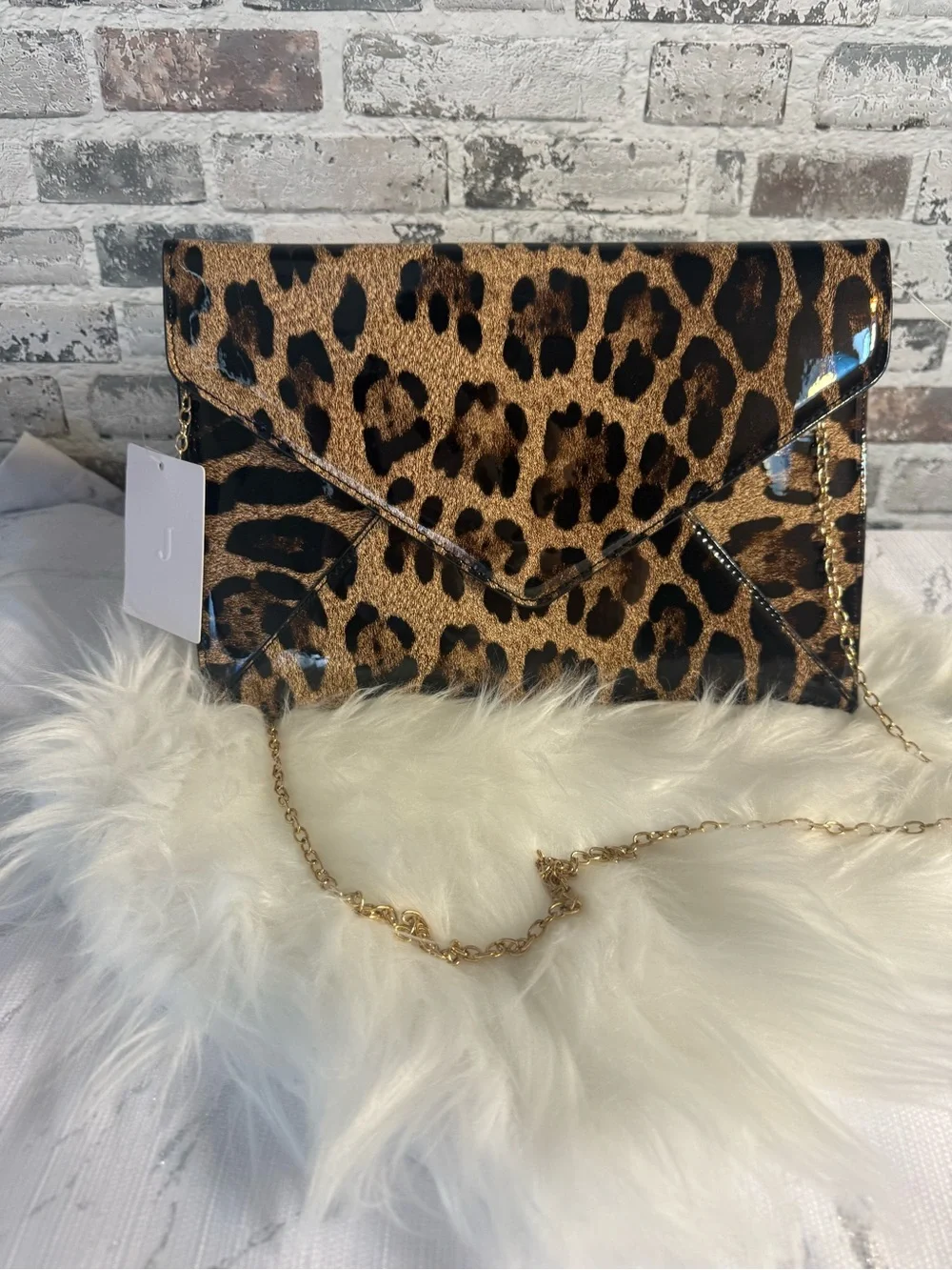 Leopard Print Envelope Clutch with Gold Chain - Brown Leopard